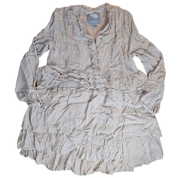 Summer of Love Beige Tiered Long Sleeve Bohemian  Neutral Mini Dress - Picture 2 of 13